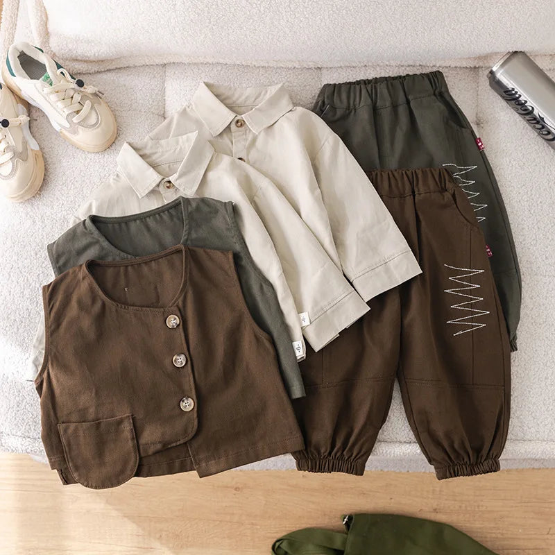 -キッズセットアップ 3点セット 長袖シャツ+アシメボタンベスト+ステッチアクセントロングパンツ 2カラー - mamahalo shop - 長袖セットアップ -  べビー服 - 子供服 - 男の子 - 女の子