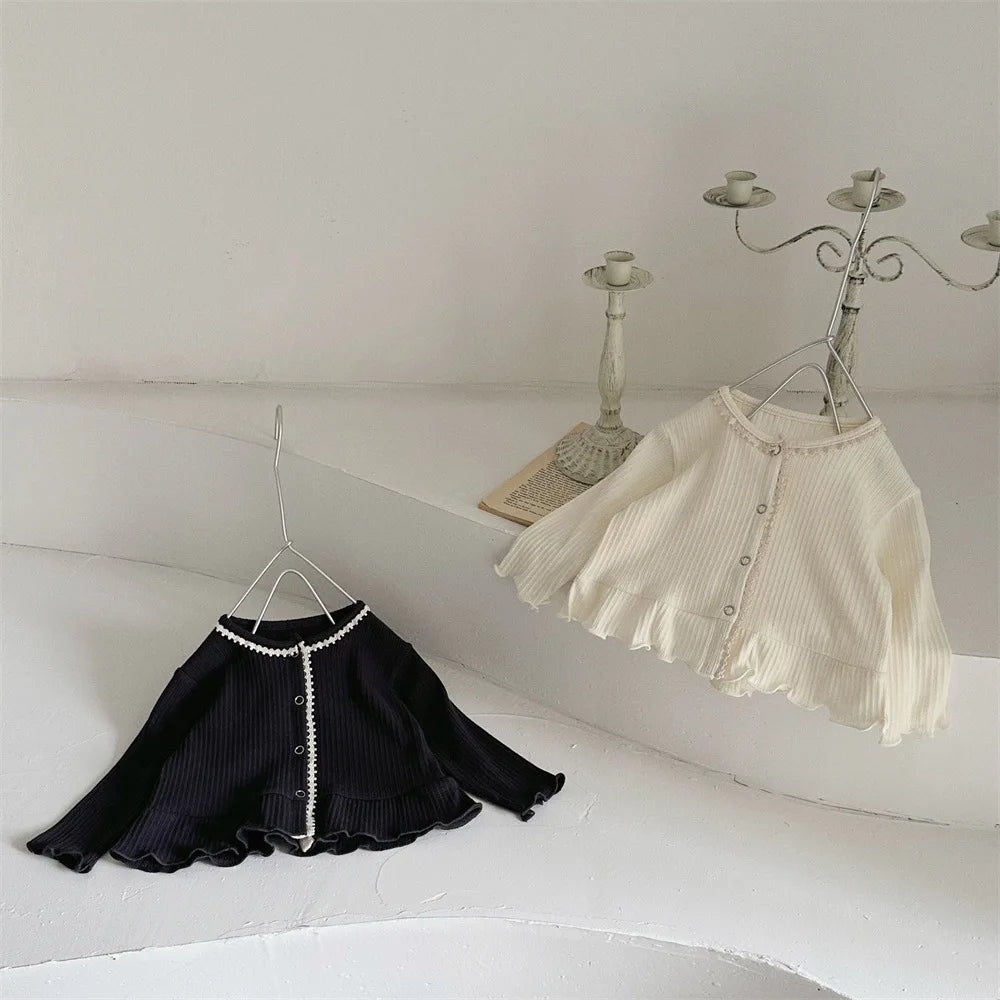 -ベビーカーディガン ペプラムフリルレース縁取り長袖カーディガンジャケット 2カラー【mh0006712】 - mamahalo shop - カーディガン・パーカー -  べビー服 - 子供服 - 男の子 - 女の子