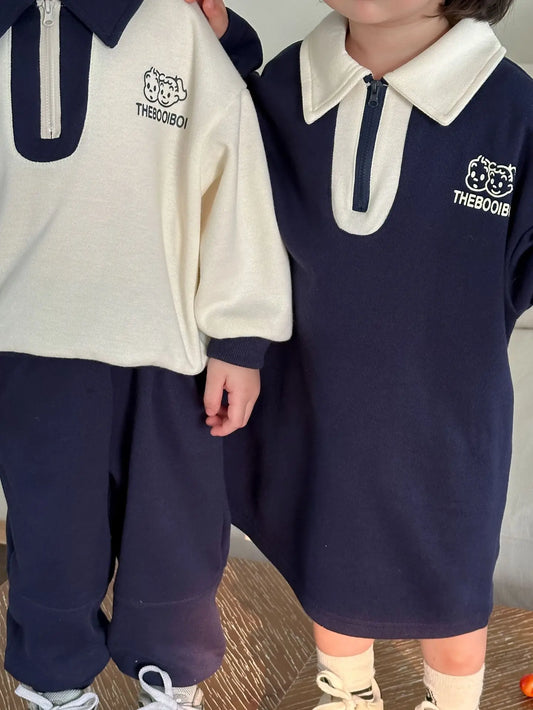 -キッズセットアップ 2点セット 長袖ハーフジップワンピース 長袖ハーフジップポロシャツ ロングパンツ リンクコーデ 兄弟姉妹 お揃いコーデ - mamahalo shop - 長袖セットアップ -  べビー服 - 子供服 - 男の子 - 女の子