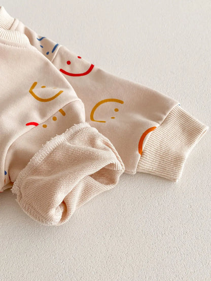 -ベビーキッズセットアップ 2点セット スウェットシャツ パンツ カラフルスマイルプリント - mamahalo shop - 長袖セットアップ -  べビー服 - 子供服 - 男の子 - 女の子