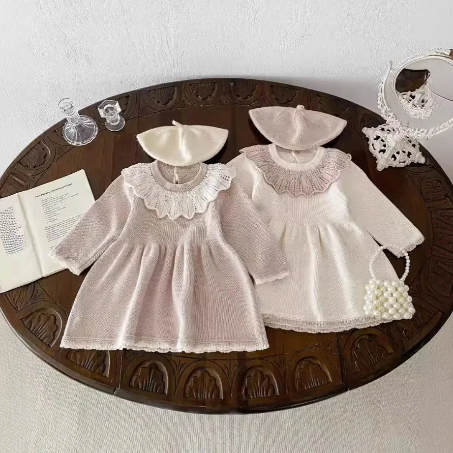 -ベビーキッズ レースラッフルカラーニット長袖ワンピース 2カラー - mamahalo shop - 長袖ワンピース -  べビー服 - 子供服 - 男の子 - 女の子