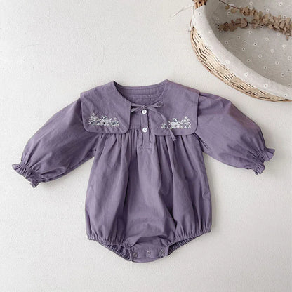 -ベビーロンパース 長袖パフスリーブボディスーツ+つけ襟セット フラワー花柄刺繍 パープル【mh0004587】 - mamahalo shop - 長袖ロンパース -  べビー服 - 子供服 - 男の子 - 女の子