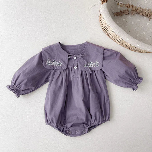 -ベビーロンパース 長袖パフスリーブボディスーツ+つけ襟セット フラワー花柄刺繍 パープル【mh0004587】 - mamahalo shop - 長袖ロンパース -  べビー服 - 子供服 - 男の子 - 女の子