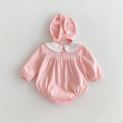 4209 Baby Clothes Autumn 2024 New Korean Girl Baby One Piece Clothes Doll Collar Cute Cotton Climbing Clothes with Hat - mamahalo shop - 長袖ロンパース -  べビー服 - 子供服 - 男の子 - 女の子