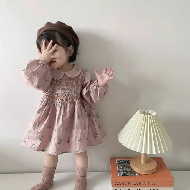 ベビーワンピース フラワープリントシャーリング丸襟長袖ワンピース - mamahalo shop - 長袖ワンピース -  べビー服 - 子供服 - 男の子 - 女の子