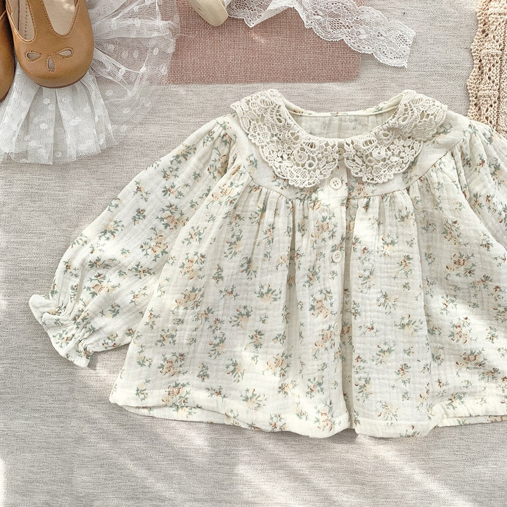 -ベビー キッズ レース 刺繍 襟 長袖 チュニック ブラウス シャツ - mamahalo shop - 長袖シャツ・ブラウス -  べビー服 - 子供服 - 男の子 - 女の子