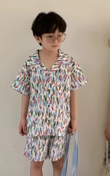 -キッズセットアップ 2点セット/ワンピース ボーイズ半袖シャツ+ショートパンツ/ガールズキャミワンピ カラフル リンクコーデ 兄弟姉妹 お揃いコーデ - mamahalo shop - 半袖セットアップ -  べビー服 - 子供服 - 男の子 - 女の子