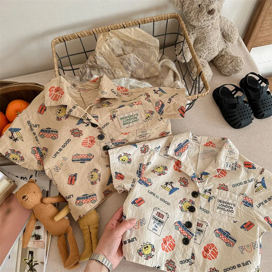 -キッズトップス 半袖シャツ アロハシャツ アメリカンプリント 2カラー - mamahalo shop - 半袖シャツ・ブラウス -  べビー服 - 子供服 - 男の子 - 女の子