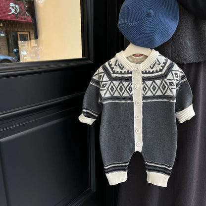 -ベビーロンパース ニット長袖ジャンプスーツ ダイヤモンドトライバル柄 グレー【mh0004408】 - mamahalo shop - 長袖ロンパース -  べビー服 - 子供服 - 男の子 - 女の子