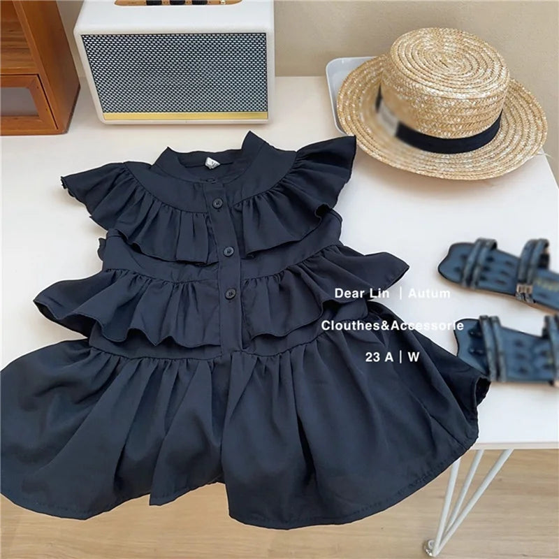 -キッズワンピース ティアードフリル ノースリーブワンピース ブラック【mh0005998】 - mamahalo shop - ノースリーブワンピース -  べビー服 - 子供服 - 男の子 - 女の子