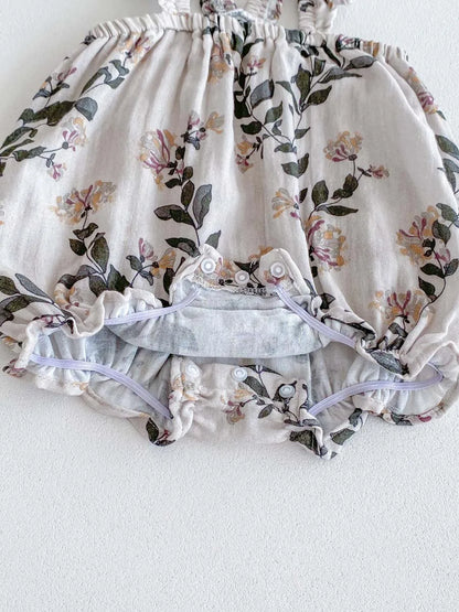 -ベビーロンパース フリルサスペンダーボディスーツ フラワー花柄プリント【mh0006193】 - mamahalo shop - ノースリーブロンパース -  べビー服 - 子供服 - 男の子 - 女の子