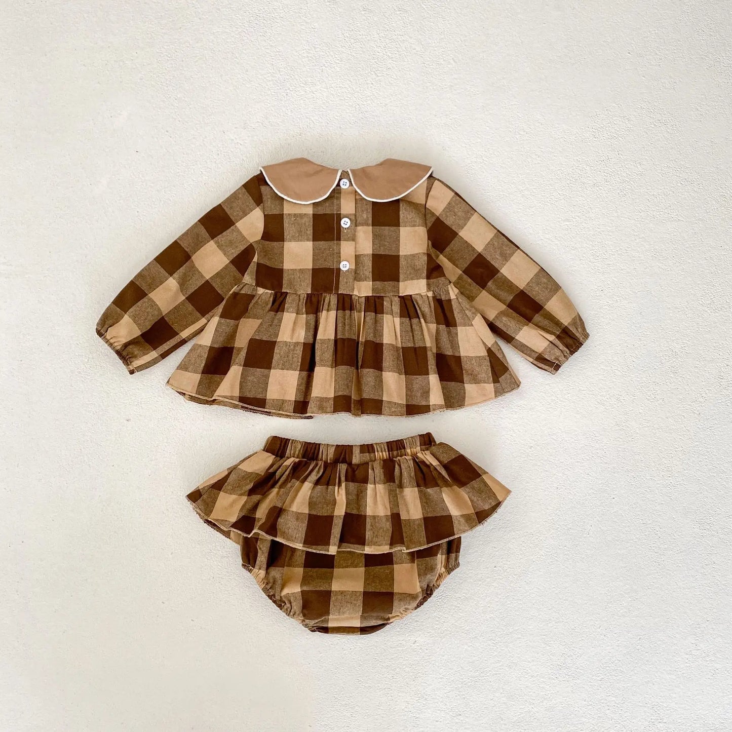-ベビーキッズセットアップ 2点セット フラワー刺繍襟長袖チュニックブラウス+フリルスカートブルマパンツ チェック4カラー - mamahalo shop - 長袖セットアップ -  べビー服 - 子供服 - 男の子 - 女の子
