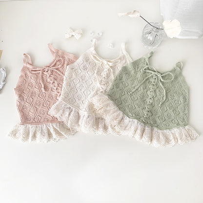-ベビー キッズ サマーニット 編み上げ レース キャミソール ペプラム トップス ブラウス ピンク クリームアイボリー グリーン ガールズ - mamahalo shop - タンクトップ・キャミソール・ノースリーブトップス -  べビー服 - 子供服 - 男の子 - 女の子