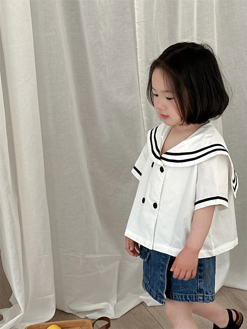 -キッズトップス ネイビーカラー 半袖シャツ ブラウス マリンスタイル 2カラー【mh0005926】 - mamahalo shop - 半袖シャツ・ブラウス -  べビー服 - 子供服 - 男の子 - 女の子