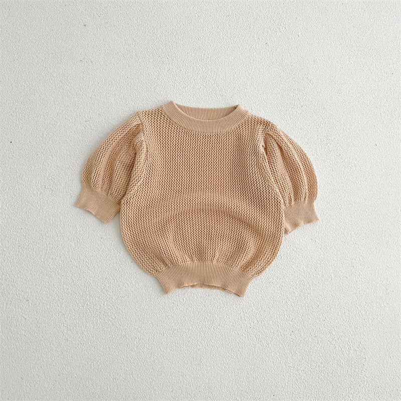 -ベビー サマーニット レース 半袖 パフスリーブ セーター カットソー Tシャツ トップス ベージュホワイト ブラウン ガールズ - mamahalo shop - ニット・セーター -  べビー服 - 子供服 - 男の子 - 女の子
