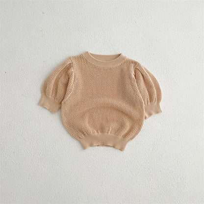 -ベビー サマーニット レース 半袖 パフスリーブ セーター カットソー Tシャツ トップス ベージュホワイト ブラウン ガールズ - mamahalo shop - ニット・セーター -  べビー服 - 子供服 - 男の子 - 女の子