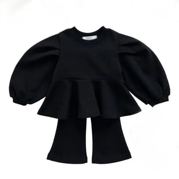 -ベビーセットアップ 2点セット パフスリーブトップス + フレアパンツ ブラック/アプリコット/2カラー - mamahalo shop - 長袖セットアップ -  べビー服 - 子供服 - 男の子 - 女の子