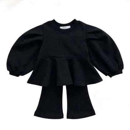 -ベビーセットアップ 2点セット パフスリーブトップス + フレアパンツ ブラック/アプリコット/2カラー - mamahalo shop - 長袖セットアップ -  べビー服 - 子供服 - 男の子 - 女の子