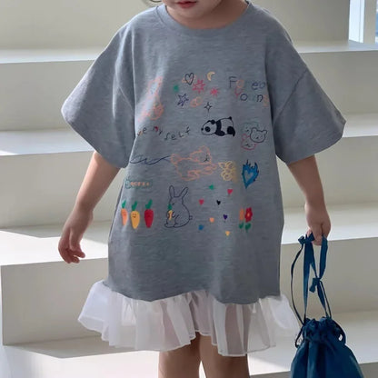 -キッズワンピース 半袖Tシャツワンピース チュチュチュールフリル お絵描きプリント グレー【mh0006109】 - mamahalo shop - 半袖ワンピース -  べビー服 - 子供服 - 男の子 - 女の子