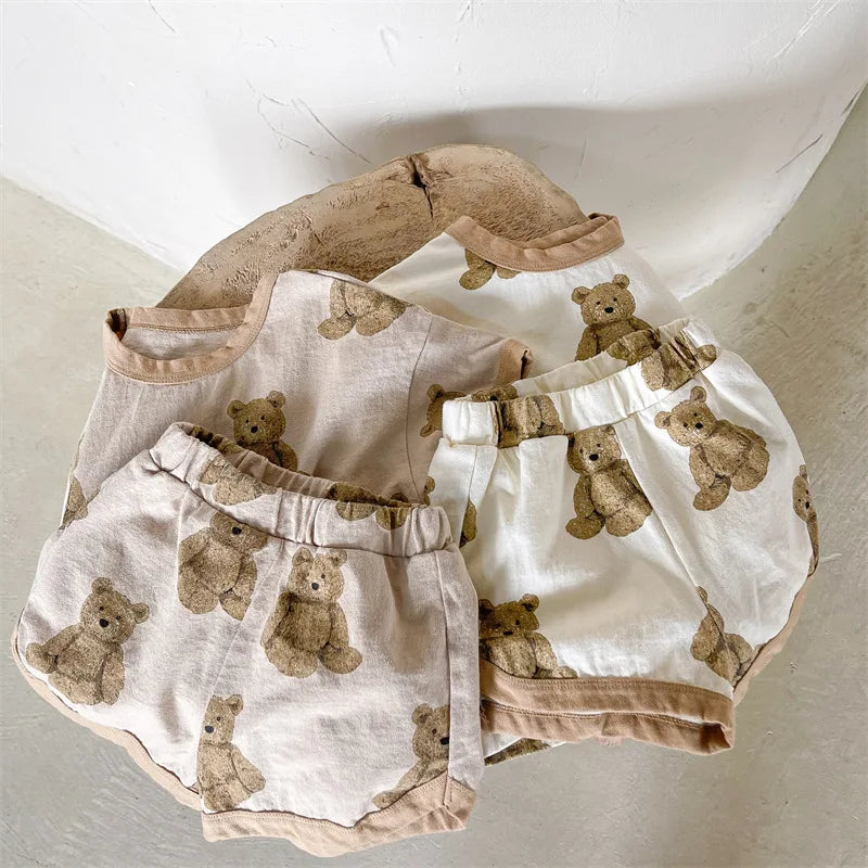 -キッズセットアップ 2点セット 半袖Tシャツ+ショートパンツ ベアくまプリント 2カラー【mh0006147】 - mamahalo shop - 半袖セットアップ -  べビー服 - 子供服 - 男の子 - 女の子