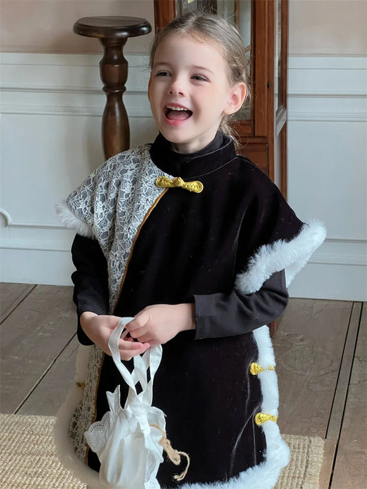 -キッズベスト ファーフリースパッチワーク レース チャイナドレス - mamahalo shop - ベスト -  べビー服 - 子供服 - 男の子 - 女の子