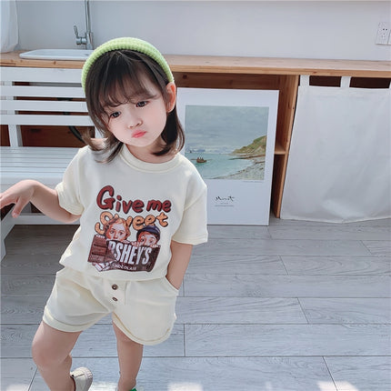 キッズ レトロ プリント チョコレート セットアップ 半袖 Tシャツ ショートパンツ ユニセックス 7559 - mamahalo shop - 半袖セットアップ - ベビー服 - 子供服 - 男の子 - 女の子