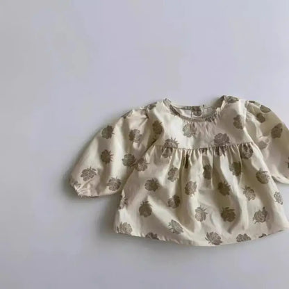 -ベビーセットアップ 2点セット ローズフラワープリント長袖チュニックブラウス+リボン付きブルマパンツ アプリコット【mh0006716】 - mamahalo shop - 長袖セットアップ -  べビー服 - 子供服 - 男の子 - 女の子