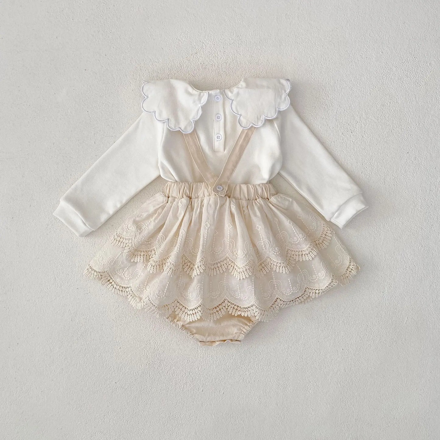 -ベビートップス/パンツ 水玉ドット/無地スクエア襟長袖Tシャツ/サスペンダーレーススカートブルマパンツ - mamahalo shop - 長袖セットアップ -  べビー服 - 子供服 - 男の子 - 女の子