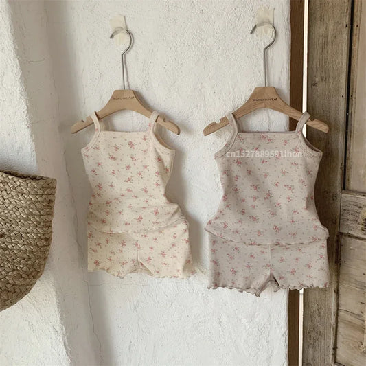 -☺︎ ベビーセットアップ 2点セット キャミソールトップス+ショートパンツ フラワー花柄プリント 2カラー - mamahalo shop - ノースリーブセットアップ -  べビー服 - 子供服 - 男の子 - 女の子