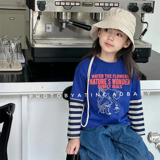 -キッズトップス 長袖ドッキングTシャツ 象エレファントプリント ボーダー袖 2カラー - mamahalo shop - 長袖Tシャツ -  べビー服 - 子供服 - 男の子 - 女の子