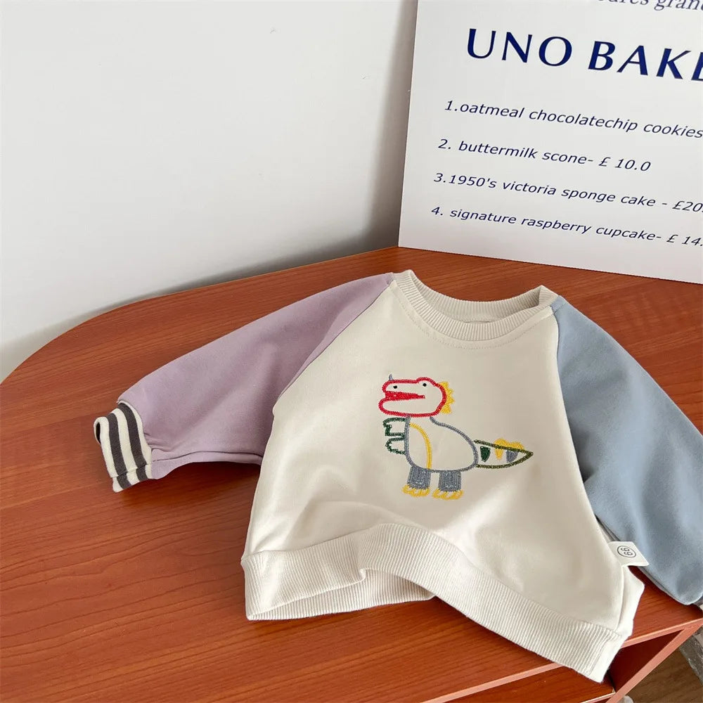 -ベビートップス 長袖スウェットシャツ 恐竜ダイナソー刺繍 カラフルパッチワーク ボーイズ 男の子 子供服 - mamahalo shop - 長袖Tシャツ -  べビー服 - 子供服 - 男の子 - 女の子