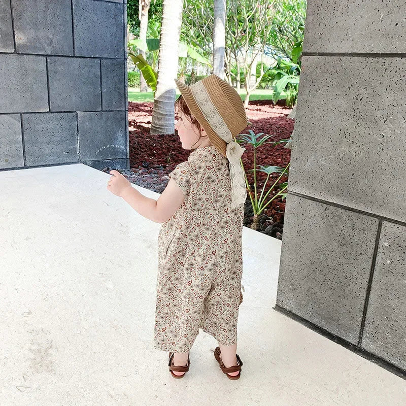 -キッズジャンプスーツ ノースリーブ襟付きつなぎ フラワー花柄プリント - mamahalo shop - ノースリーブジャンプスーツ -  べビー服 - 子供服 - 男の子 - 女の子