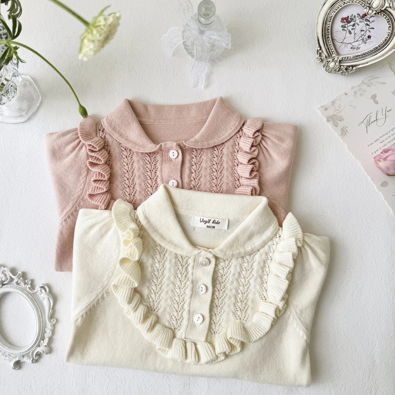 -キッズトップス ニット 長袖ブラウス フ襟付きフリルカットソー  ピンク/ベージュ/2カラー【mh0004497】 - mamahalo shop - 長袖シャツ・ブラウス -  べビー服 - 子供服 - 男の子 - 女の子