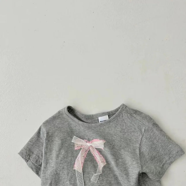 ベビーキッズトップス 裾レースフリル半袖Tシャツ リボンプリント 2カラー - mamahalo shop - 半袖Tシャツ - ベビー服 - 子供服 - 男の子 - 女の子