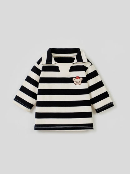 -ベビートップス ベアくまワッペンボーダー長袖ラガーシャツ 2カラー【mh0007070】 - mamahalo shop - 長袖Tシャツ -  べビー服 - 子供服 - 男の子 - 女の子