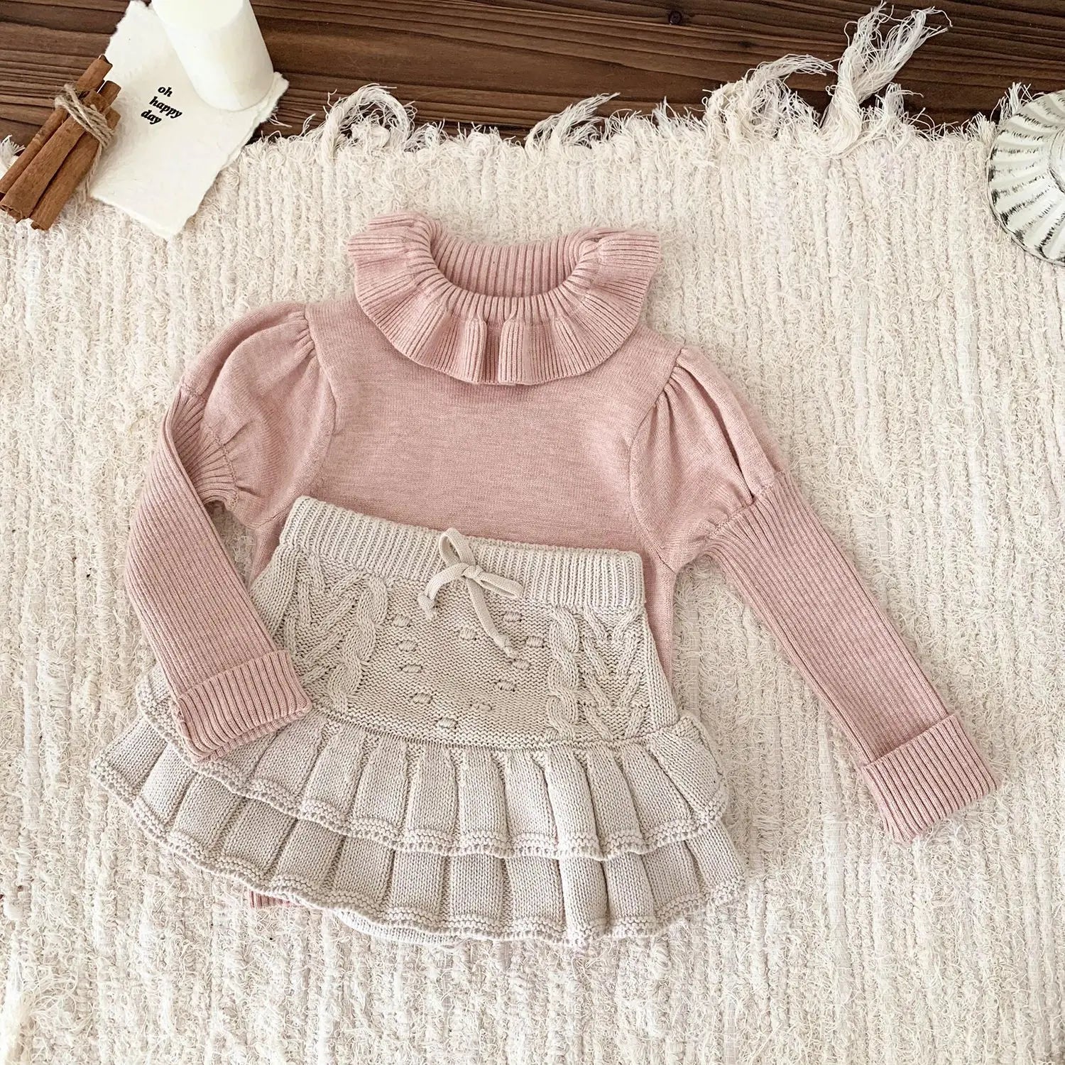 -ベビーキッズトップス ラッフル襟ニット長袖パフスリーブカットソーセーター 3カラー - mamahalo shop - ニット・セーター -  べビー服 - 子供服 - 男の子 - 女の子