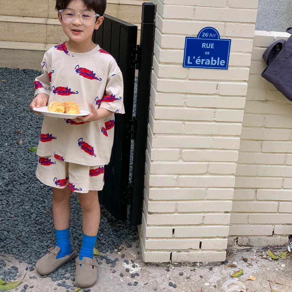 -キッズセットアップ 2点セット/ワンピース ボーイズ半袖Tシャツ+ショートパンツ/ガールズノースリーブワンピース レターロゴプリント 2カラー リンクコーデ 兄弟姉妹 お揃いコーデ - mamahalo shop - 半袖セットアップ -  べビー服 - 子供服 - 男の子 - 女の子