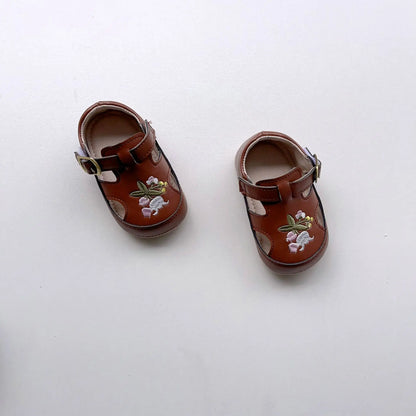 -ベビーシューズ ストラップシューズ フラットシューズ ファーストシューズ フラワー刺繍 室内ばき 靴 - mamahalo shop - 靴 -  べビー服 - 子供服 - 男の子 - 女の子