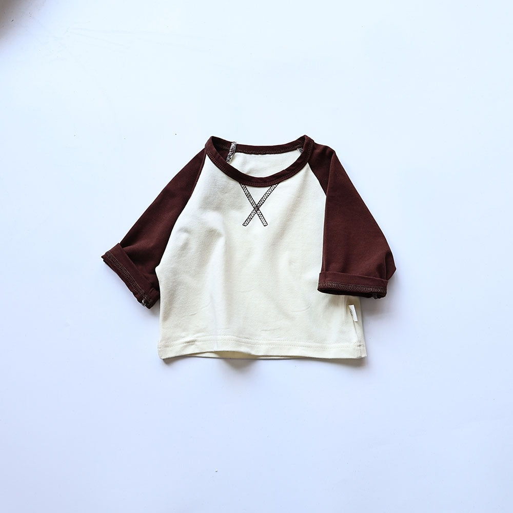 -ベビー シンプル ベーシック パッチワーク ラグラン 長袖 Tシャツ トップス ボーイズ - mamahalo shop - 長袖Tシャツ -  べビー服 - 子供服 - 男の子 - 女の子