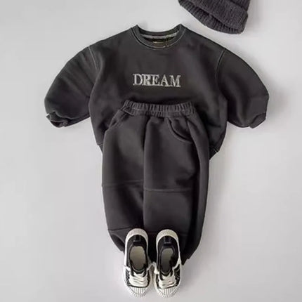 キッズセットアップ 2点セット DREAMレターロゴプリント長袖スウェットシャツ+スウェットパンツ 2カラー - mamahalo shop - 長袖セットアップ -  べビー服 - 子供服 - 男の子 - 女の子