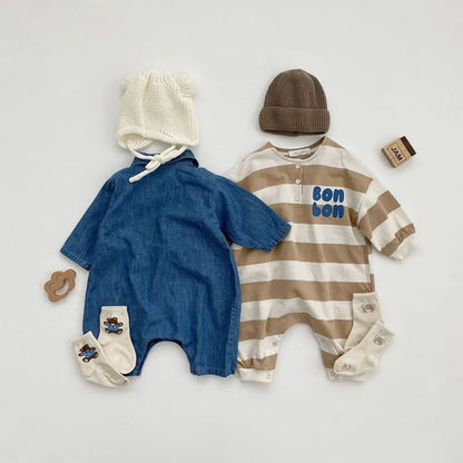 -ベビージャンプスーツ デニム 長袖シャツロンパース つなぎ【mh0005156】 - mamahalo shop - 長袖ジャンプスーツ -  べビー服 - 子供服 - 男の子 - 女の子