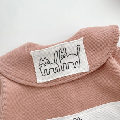 -ベビーカーディガン ニットジャケット お絵描き 猫 家 パッチワーク ビッグラペルカラー ピンク【mh0006355】 - mamahalo shop - カーディガン・パーカー -  べビー服 - 子供服 - 男の子 - 女の子