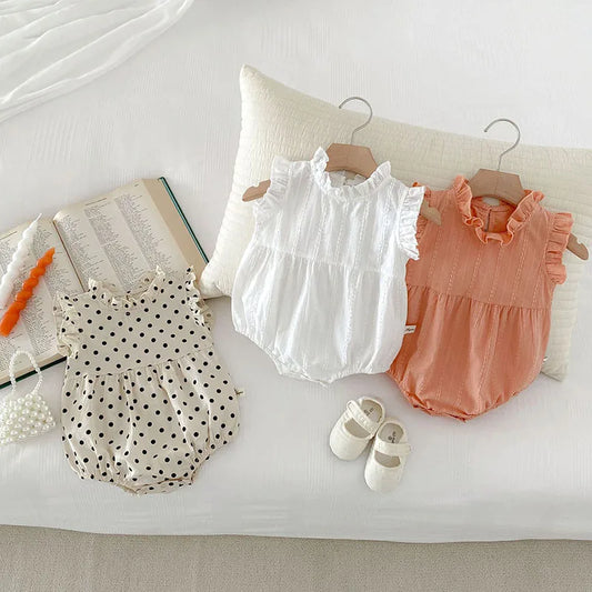 -ベビーロンパース ノースリーブボディスーツ フリルスタンドカラー 無地/水玉ドットプリント 3カラー【mh0006547】 - mamahalo shop - ノースリーブロンパース -  べビー服 - 子供服 - 男の子 - 女の子