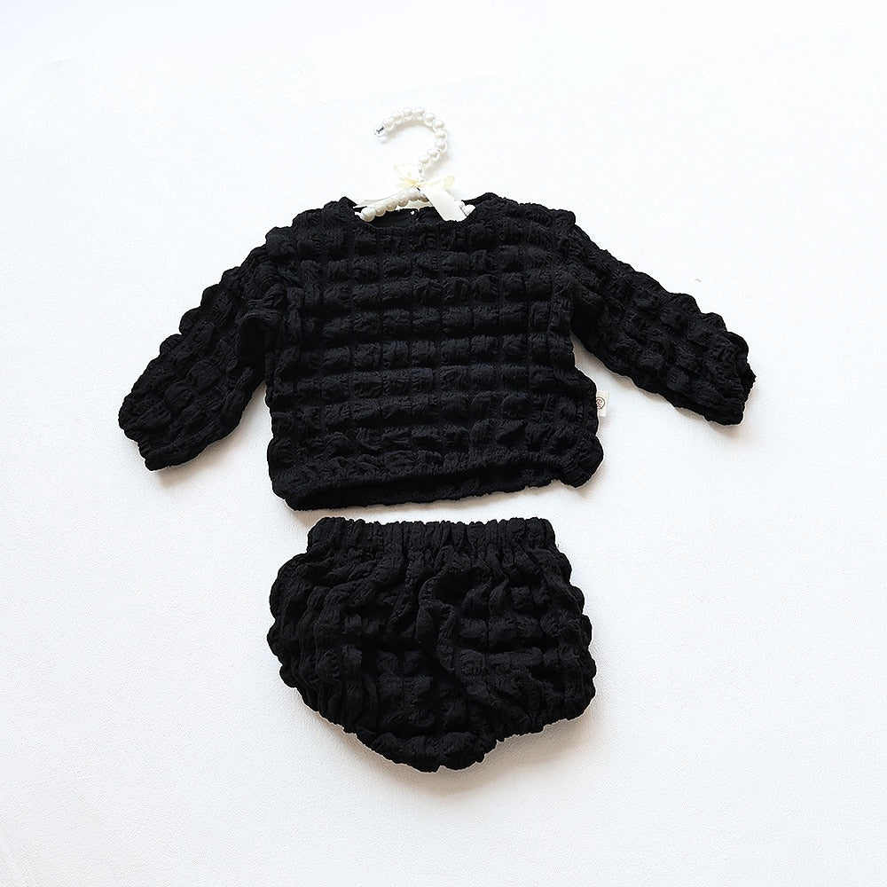 -ベビー ポップコーン セットアップ 長袖 トップス ブルマパンツ ベージュ ブラック レース フリル エプロン ドレス ガールズ - mamahalo shop - 長袖セットアップ -  べビー服 - 子供服 - 男の子 - 女の子