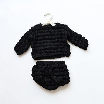 -ベビー ポップコーン セットアップ 長袖 トップス ブルマパンツ ベージュ ブラック レース フリル エプロン ドレス ガールズ - mamahalo shop - 長袖セットアップ -  べビー服 - 子供服 - 男の子 - 女の子