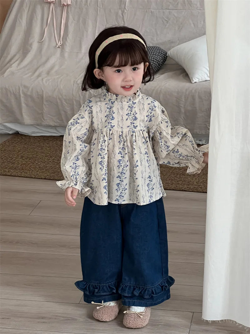 -キッズトップス フリルスタンドカラーフラワーストライププリント長袖パフスリーブチュニックブラウス - mamahalo shop - 長袖シャツ・ブラウス -  べビー服 - 子供服 - 男の子 - 女の子