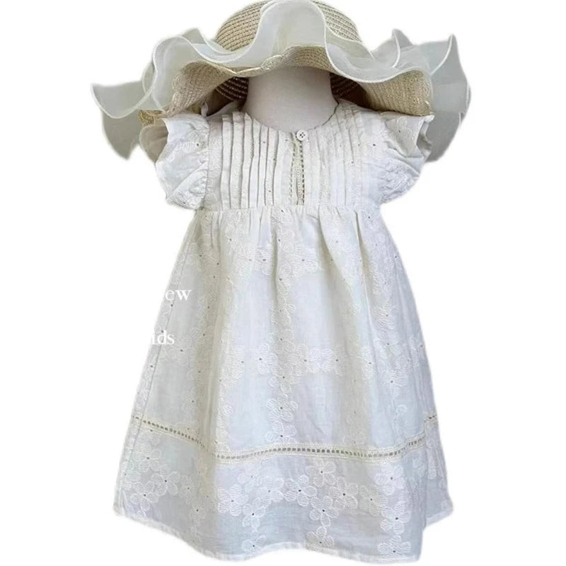 -キッズワンピース 半袖フリルレースワンピース ピンタック お出かけ ベージュ【mh0006245】 - mamahalo shop - 半袖ワンピース -  べビー服 - 子供服 - 男の子 - 女の子