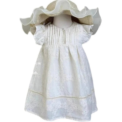 -キッズワンピース 半袖フリルレースワンピース ピンタック お出かけ ベージュ【mh0006245】 - mamahalo shop - 半袖ワンピース -  べビー服 - 子供服 - 男の子 - 女の子