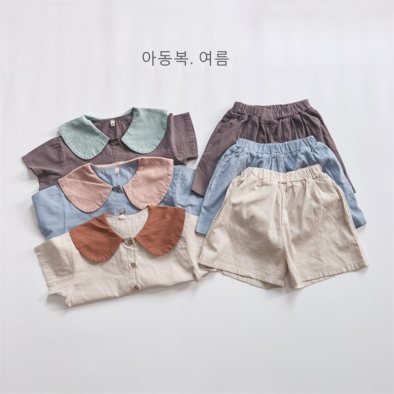 -キッズ セットアップ 丸襟 半袖 シャツ ブラウス ショートパンツ ベージュ ブルー グレー ユニセックス - mamahalo shop - 半袖セットアップ -  べビー服 - 子供服 - 男の子 - 女の子