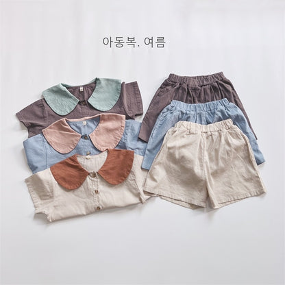 -キッズ セットアップ 丸襟 半袖 シャツ ブラウス ショートパンツ ベージュ ブルー グレー ユニセックス - mamahalo shop - 半袖セットアップ -  べビー服 - 子供服 - 男の子 - 女の子